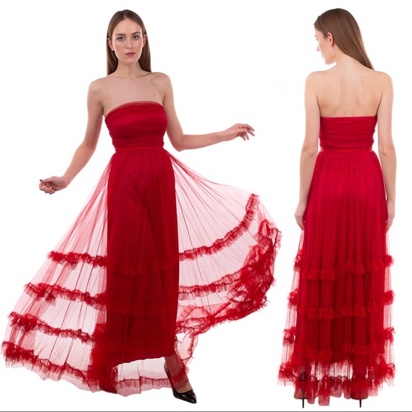 Authentic Pinko Red Tulle Tiered Full Length Dress Gown - Picture 1 of 7